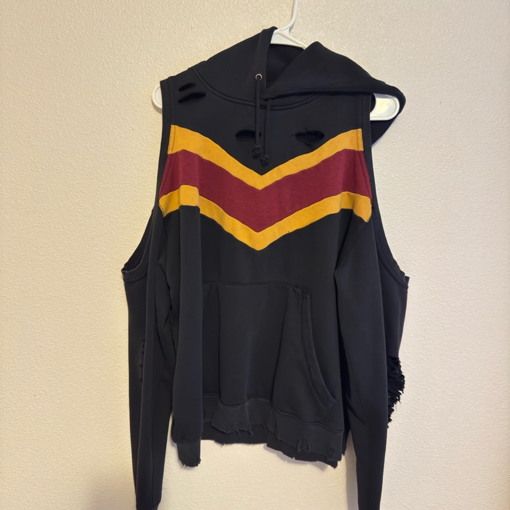 Black Shoulderless Hoodie with Red and Yellow Stripes